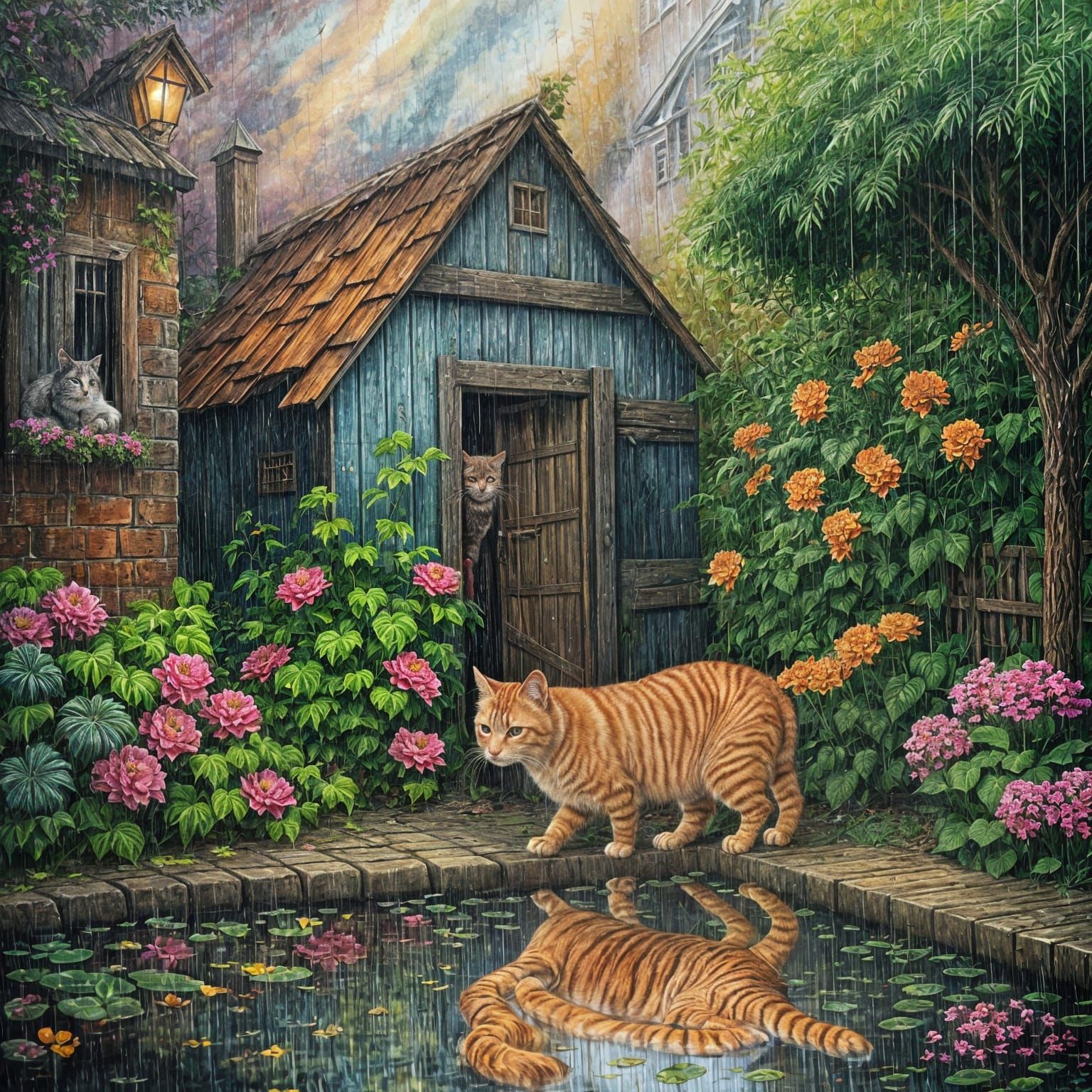 Colorful Gothic Painting of Ginger Cat in Rain
