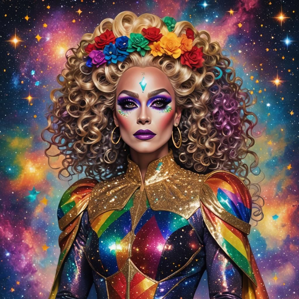 drag queen super hero wearing a rainbow pride flag, milky way galaxy ...