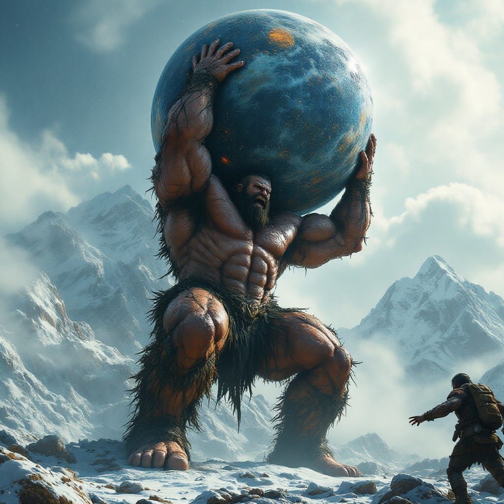 Brawny huge Titan holding a big universe sphere in his back with titanic effort, his feet rooted in a ...  by @Atanasio