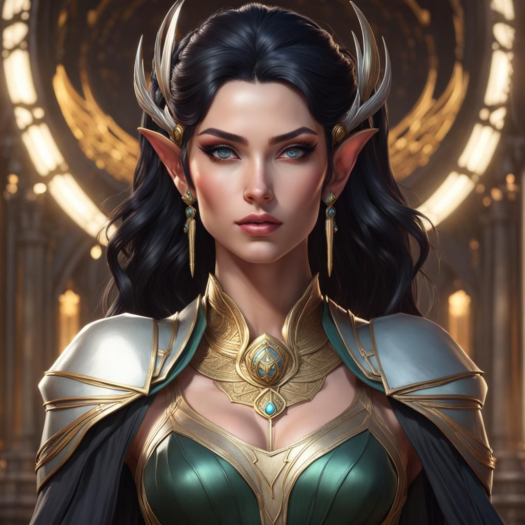 female elf queen with pale skin, black hair, wearing a circl...