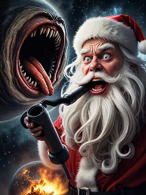A very paranoid Santa Claus holding a vacuum cleaner in his ...