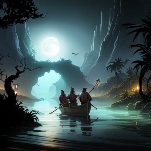 3 pirates rowing a boat at night through a foggy swamp with mangroves toward a cave with a gold chest and a campfire inside
