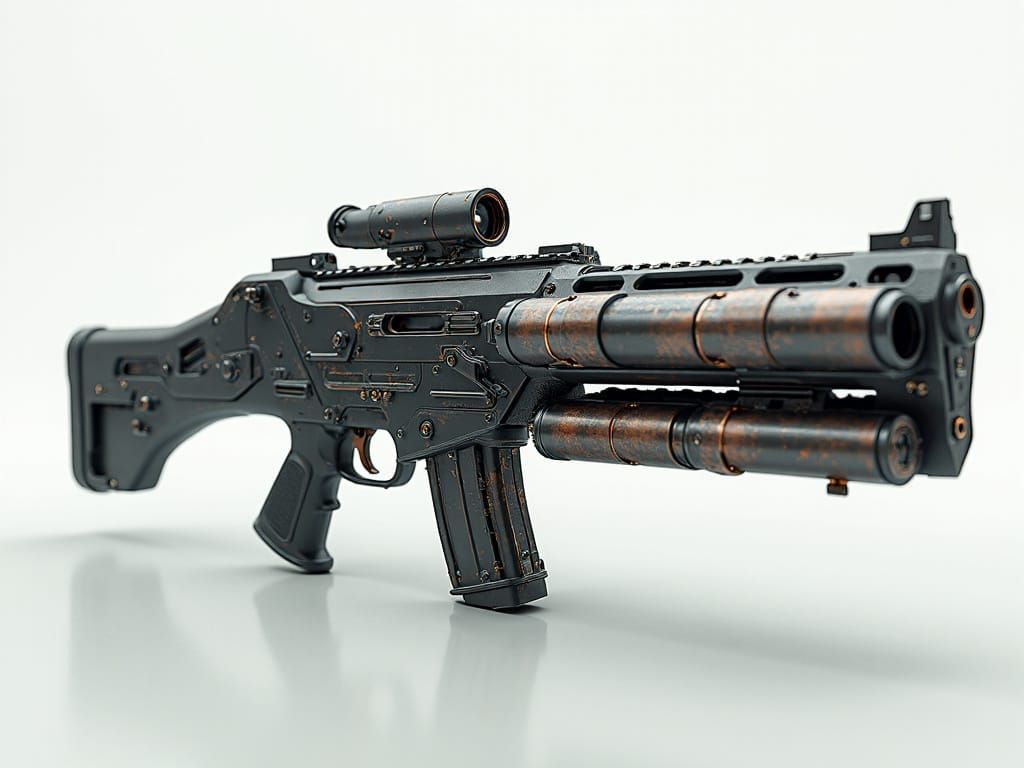 A sleek, futuristic, chain fed, multibarreled gauss gun with mounting points, set against a soft white background, showcasing intricate det...