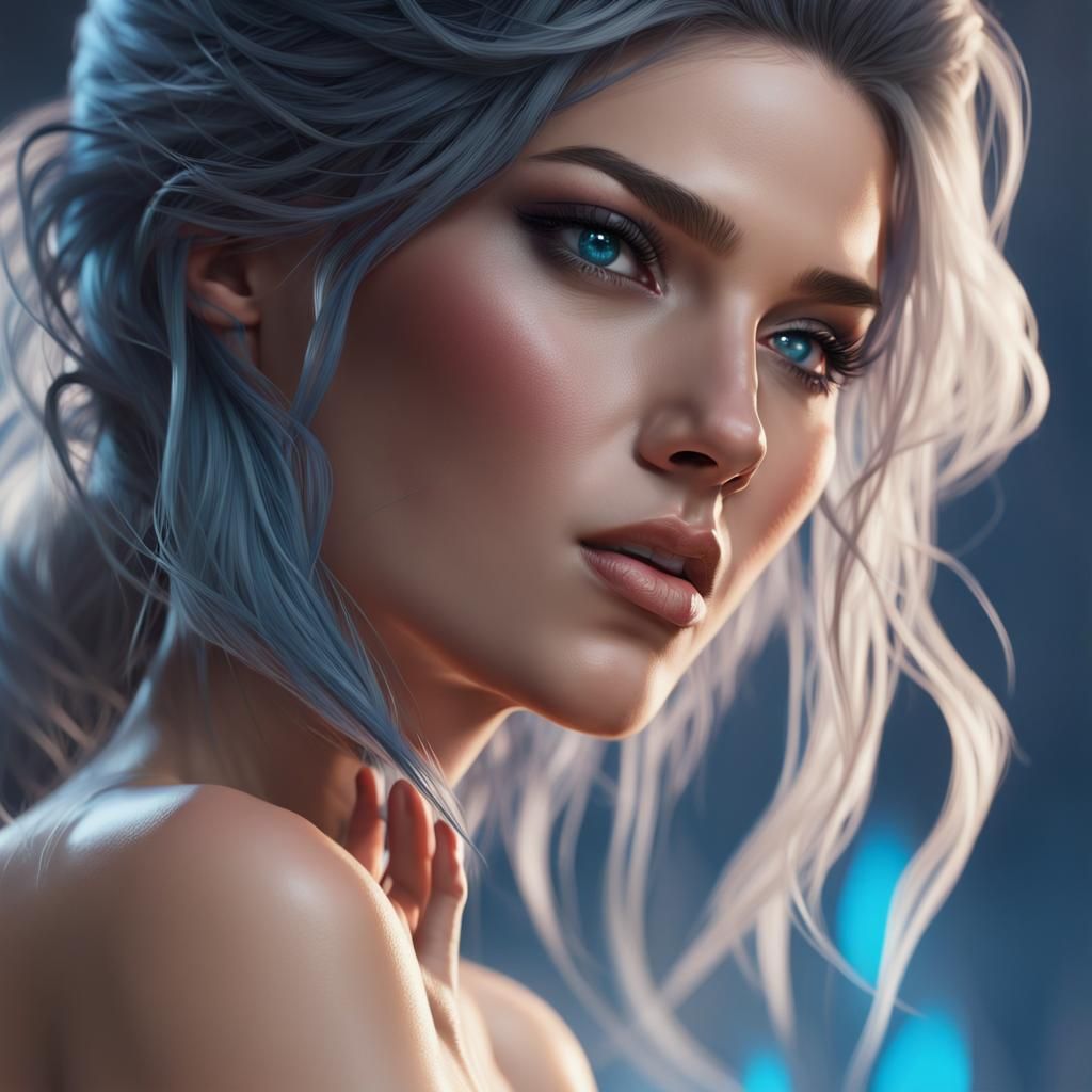 supermodel black hair blue eyes head and shoulders portrait,...