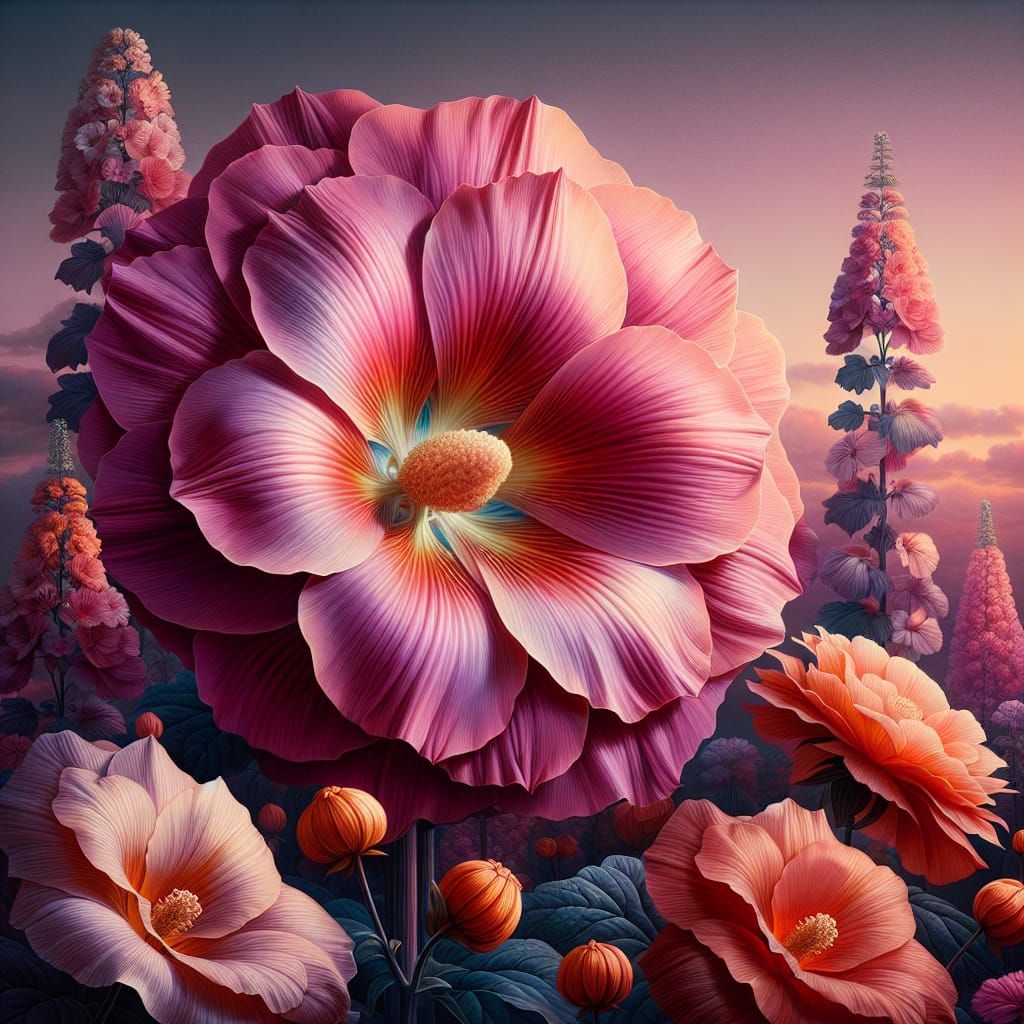 A digital artwork featuring an array of large, vibrant flowers in