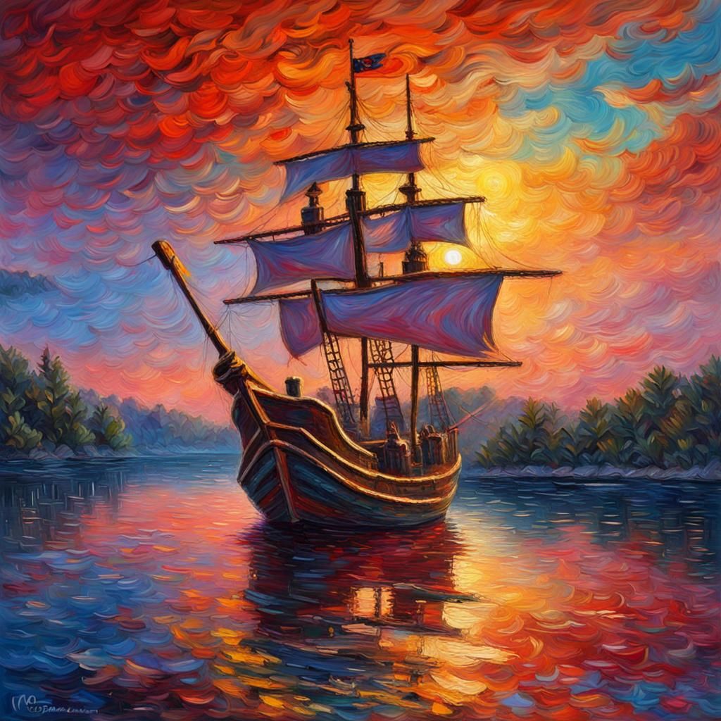 Pirate Ship Over Cherry Blossoms: Neo-Impressionist Oil Pain...