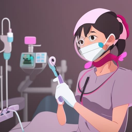 Illustration of a cute female dentist wearing pink gloves in...