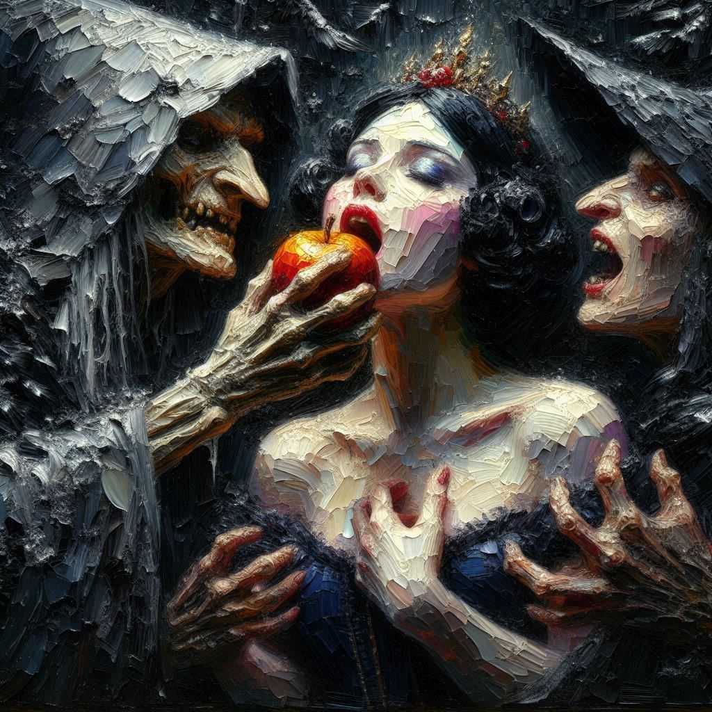 "Not all apples are good for your health" dark impasto paint...