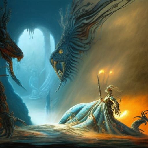 A scene from the opera Die Walküre with a Dinosaur on stage