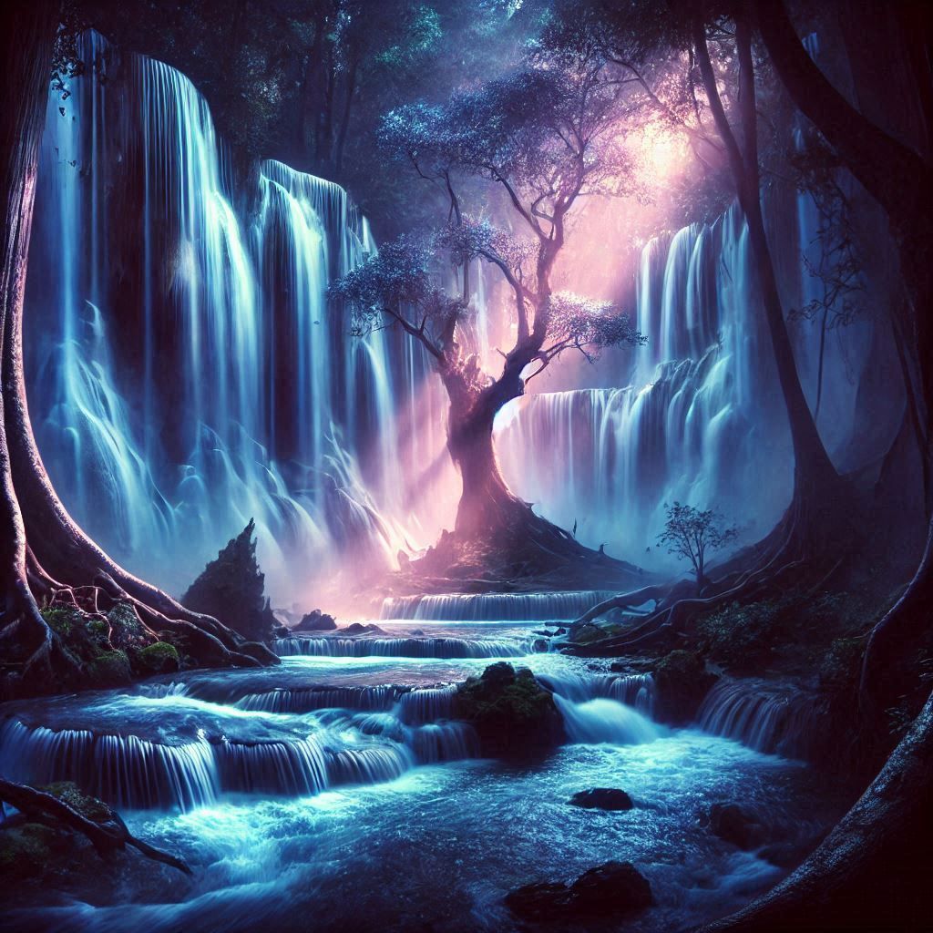 Mystical glowing waterfall