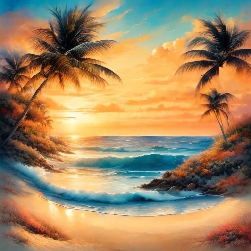 Seaside Serenity: a postcard featuring a tranquil sunset on a sandy beach. Emphasize warm tones in the sky, with the sun setting behind gent...