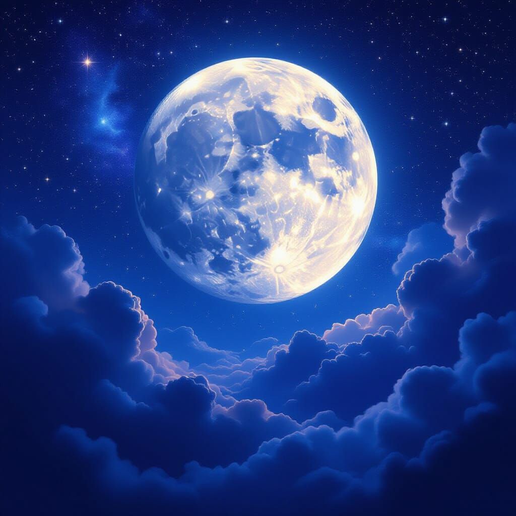 Galactic Night Sky with Enormous Luminous Moon