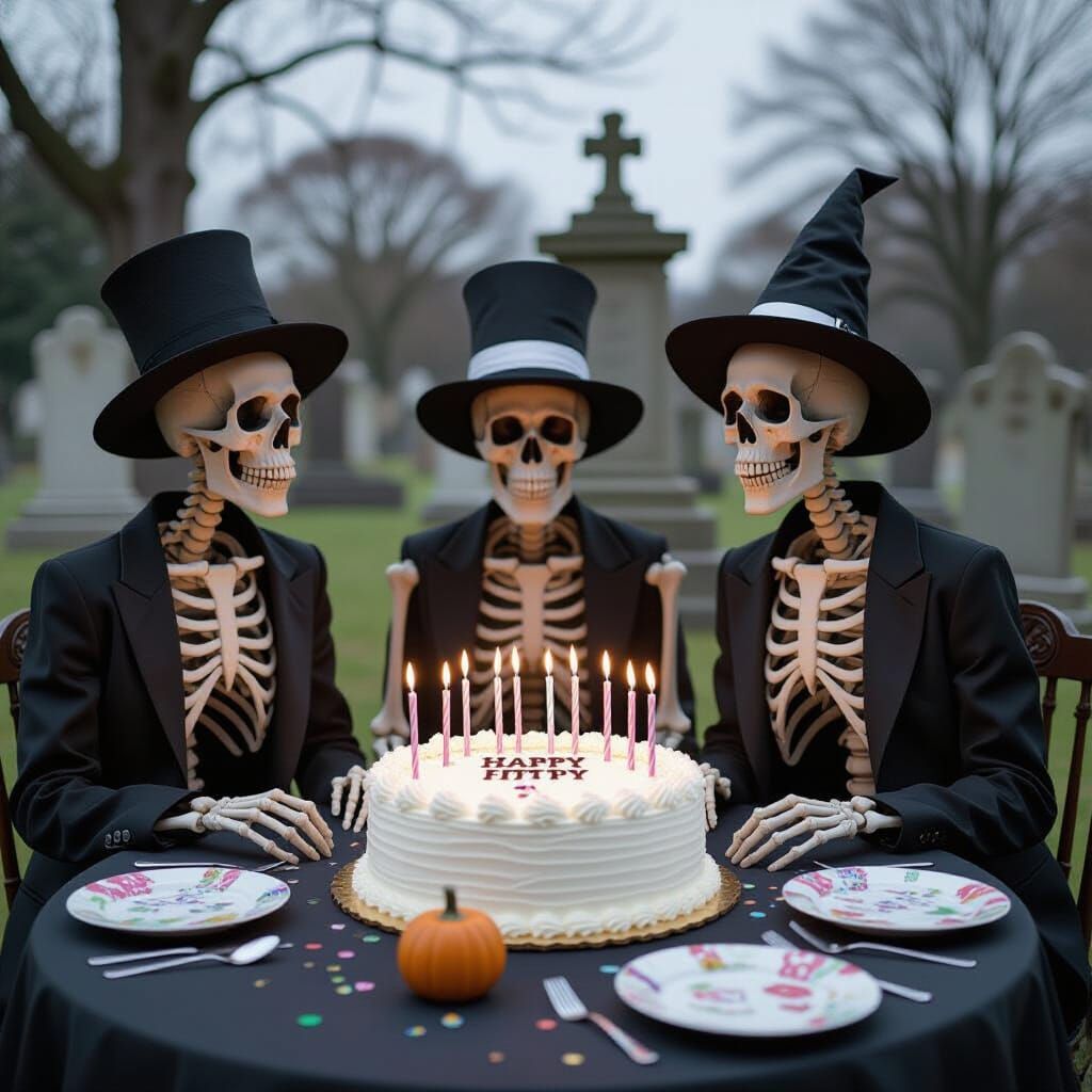 Skeletons birthday party at the graveyard.