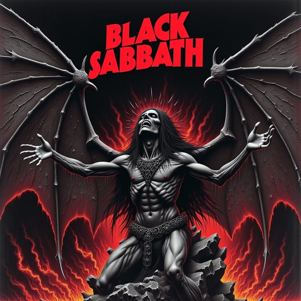 “Black Sabbath” text, Satan laughs and spread his wings, heavy metal album artwork sleeve <lora:FluxinMetal:1.0>