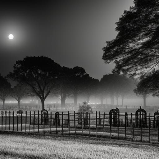 Cemetery on a Moonlit Foggy Night