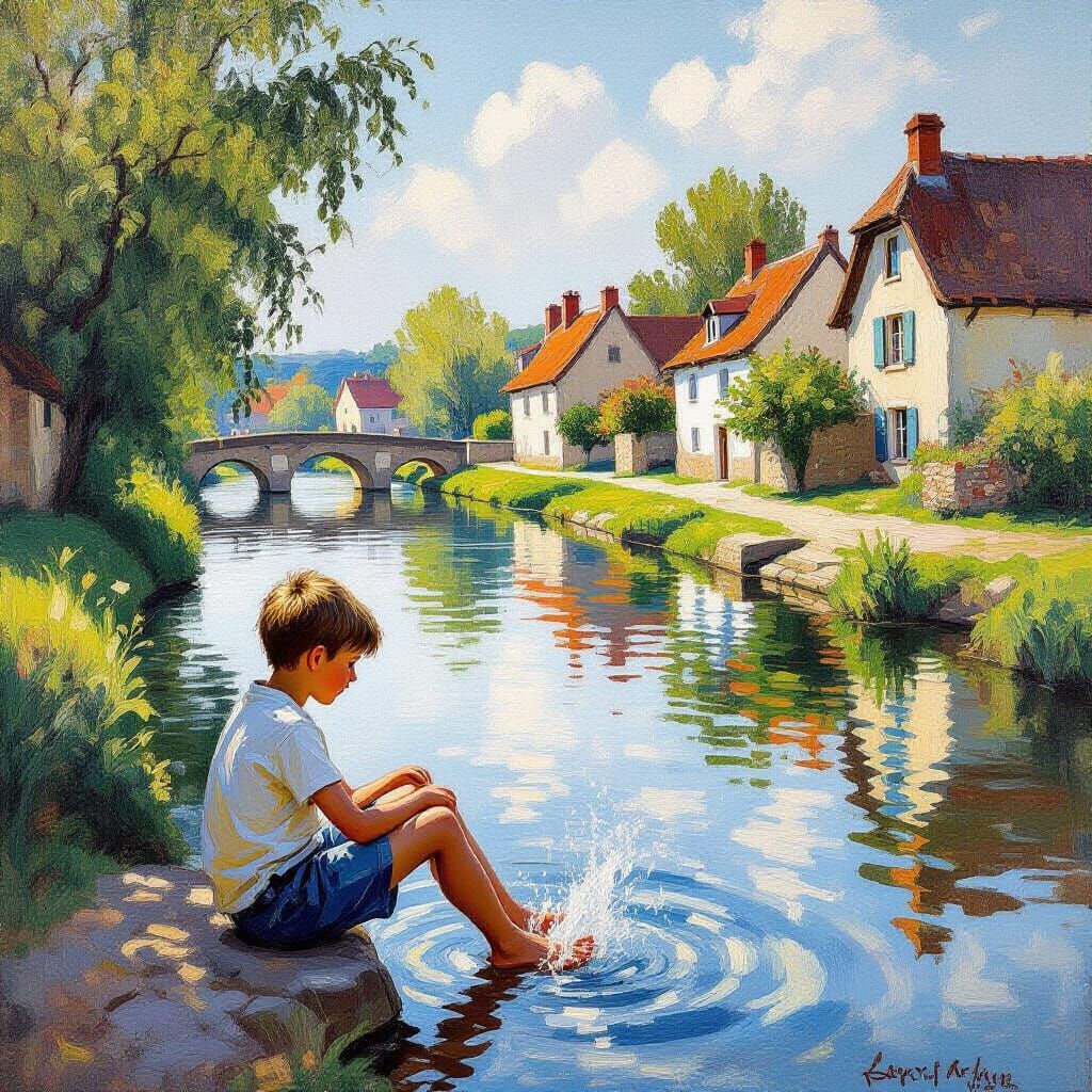 Boy Splashing Legs in River, Village Background, Impressioni...