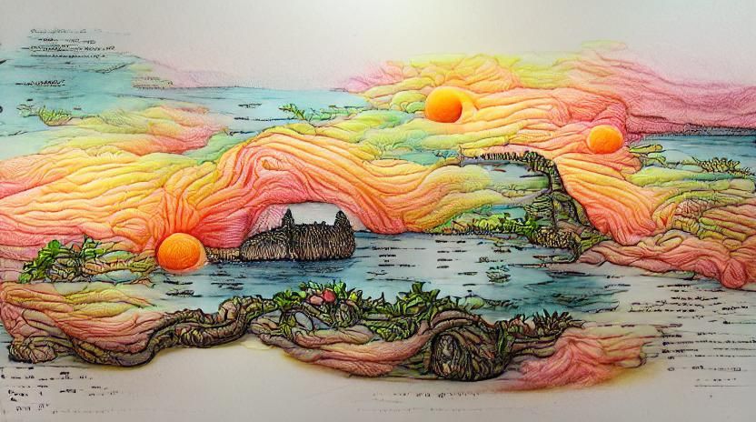 Detailed colored ink on paper, illustration of a lush island sunrise