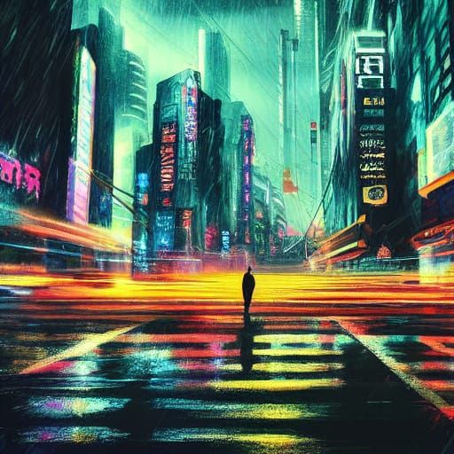Surreal Futuristic Cityscape in Neon-Lit Rainy Night
