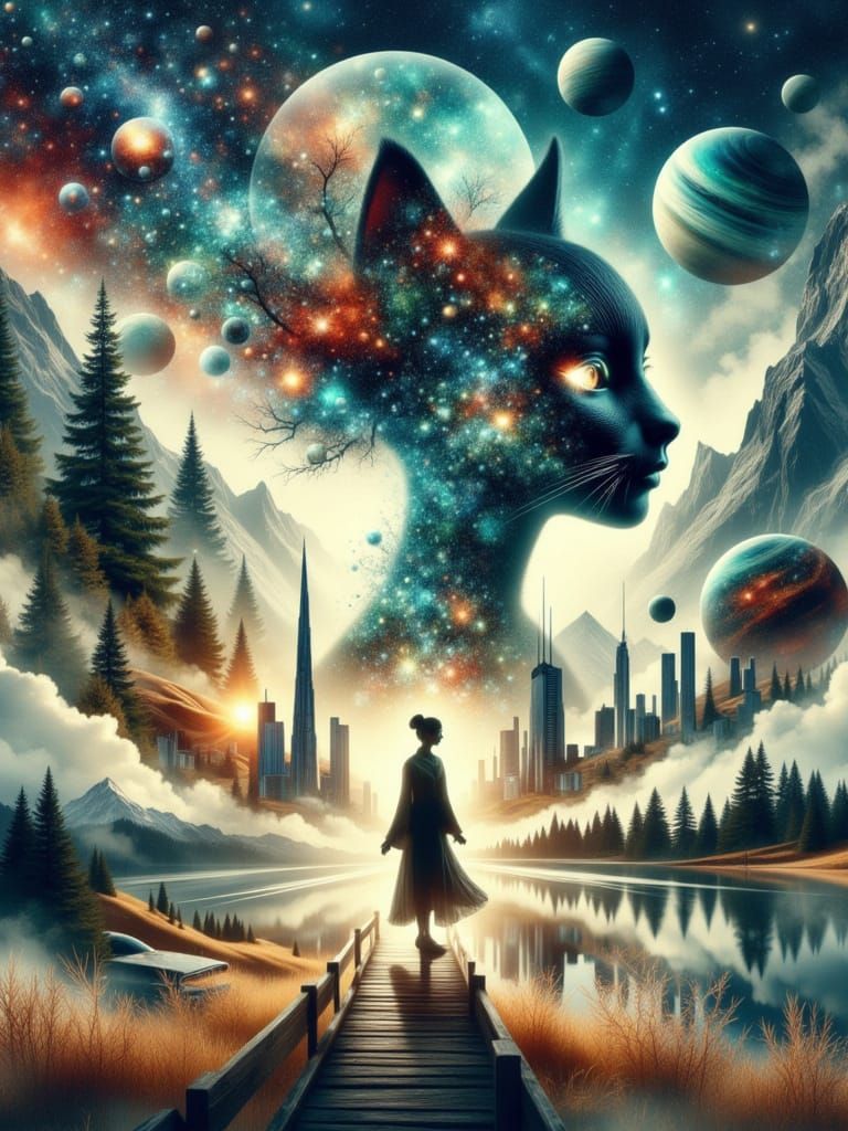 Ethereal Japanese Cat Woman in a Celestial Galaxy