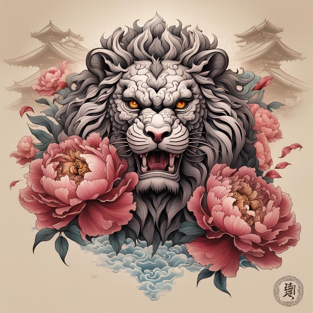 tattoo design of a peony flower paired with a guardian lion ...