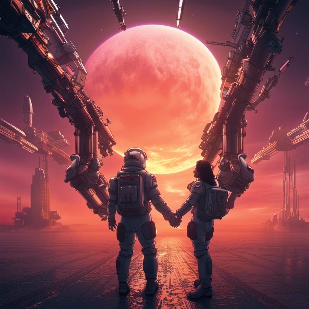 Two Space station lovers holding hands and kissing in a doub...