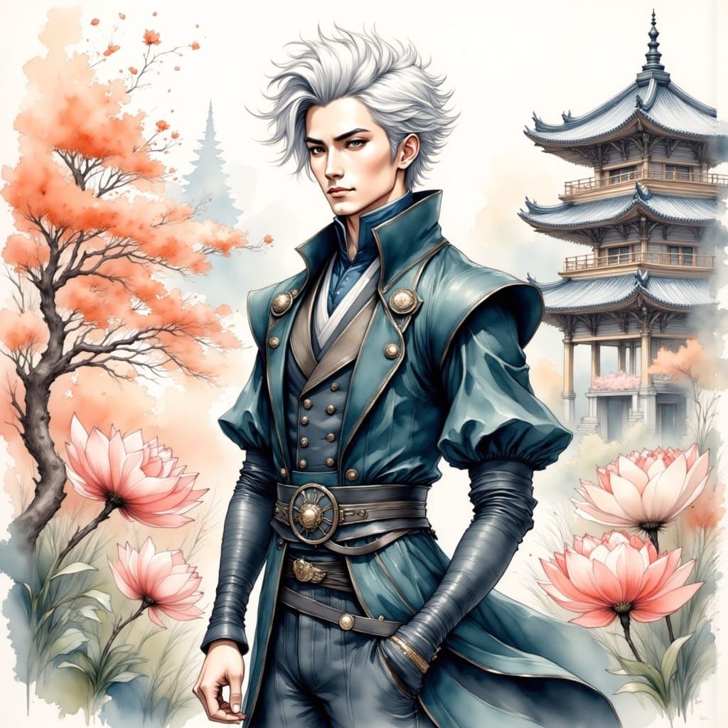 Handsome Anime Male in Japanese Garden Watercolour Style
