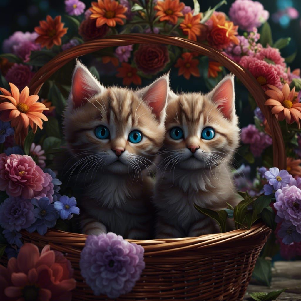 two kittens are sitting in a basket with flowers detailed ma...