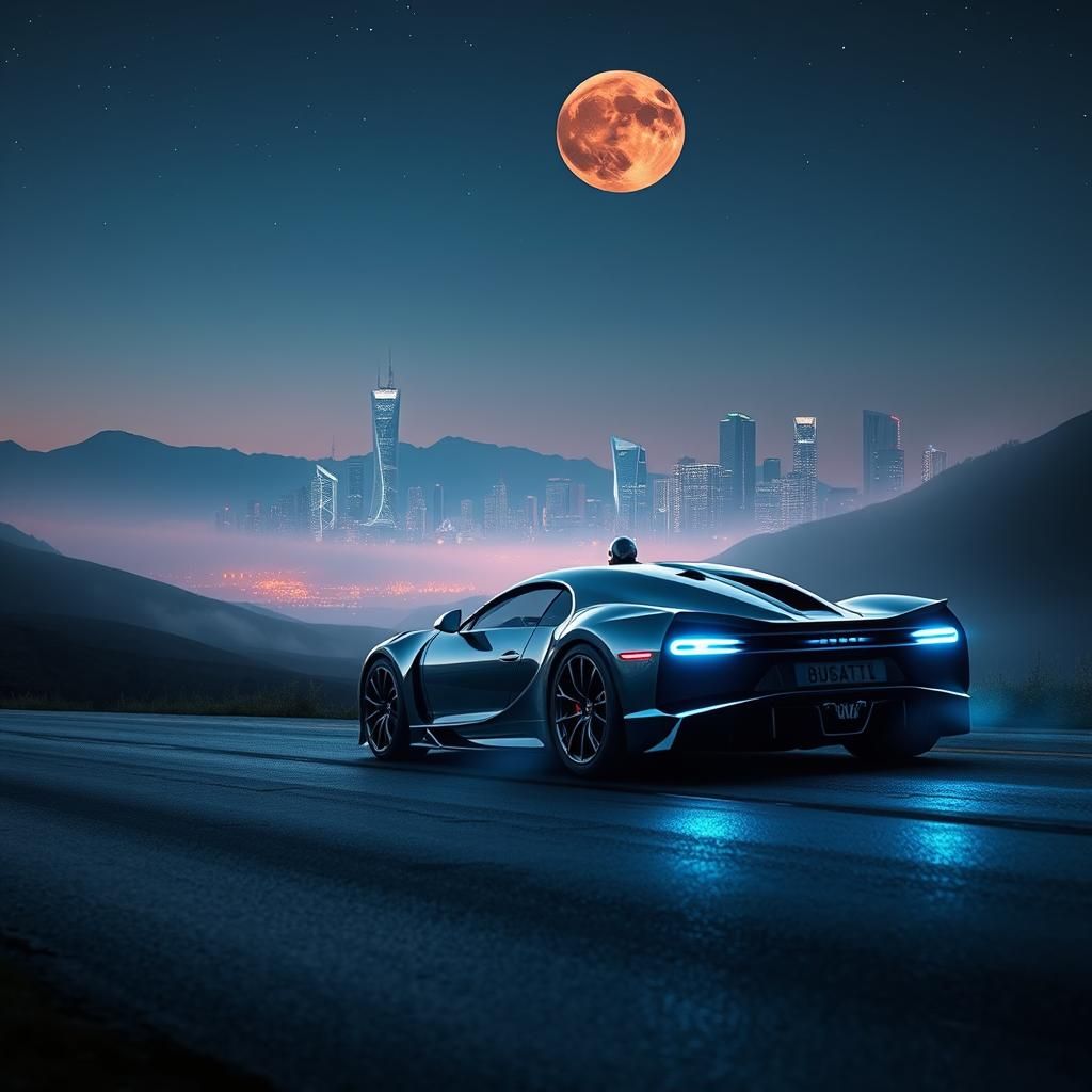 Valley, new Buggati, driving down the road, night sky, city in the distance, cyberpunk