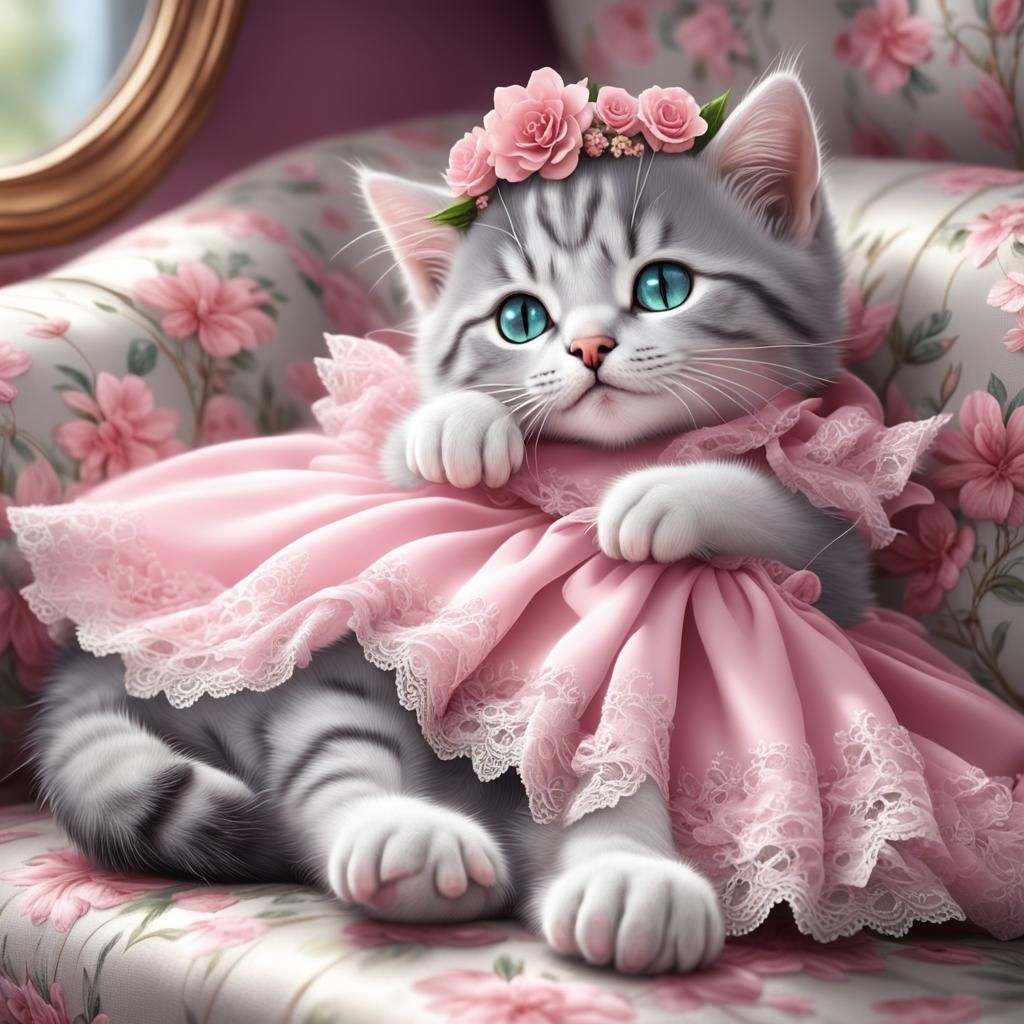 .A charming gray and white kitten with a pink nose is lying on a floral patterned couch, wearing an adorable pink dress trimmed with delicat...