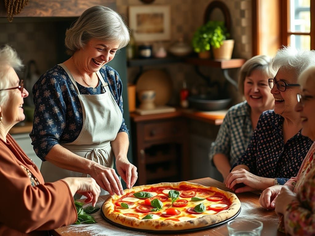 “An elegant Italian Nonna sharing her Italian Pizza with her Nonna friends.  by @Andrea Angel