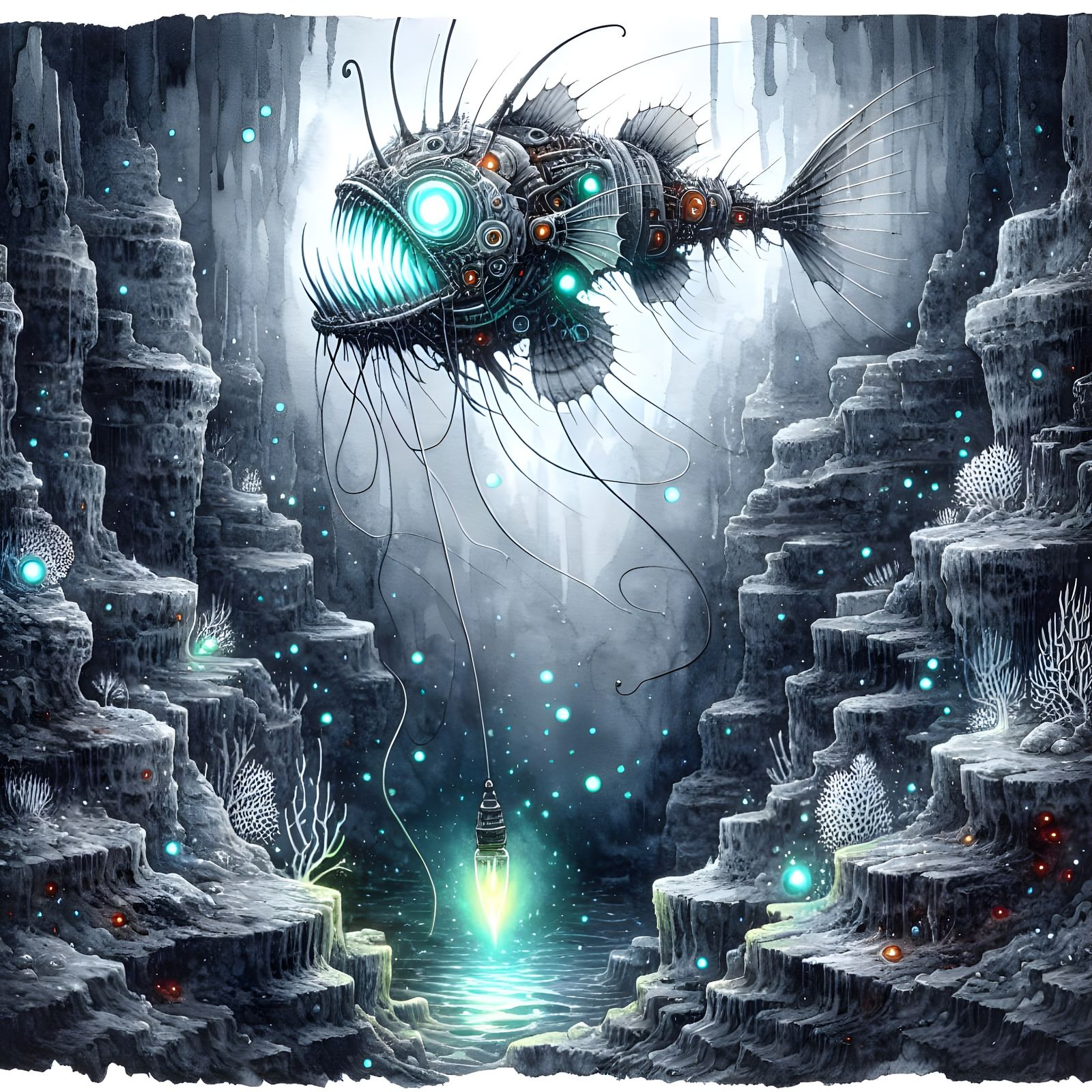 Biomechanical anglerfish exploring a deep sea trench.... :) :)  by @undefined