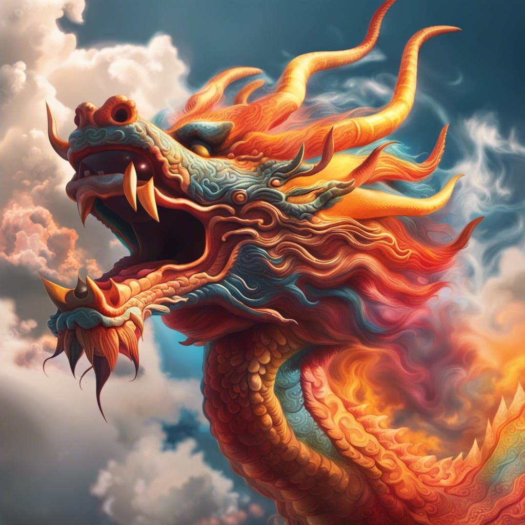 Fire breathing Chinese dragon made of clouds in the sky  by @Mamaiguana 