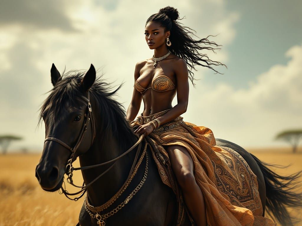 Athletic Ebony Woman Riding Majestic Horse in Phot... - AI Art