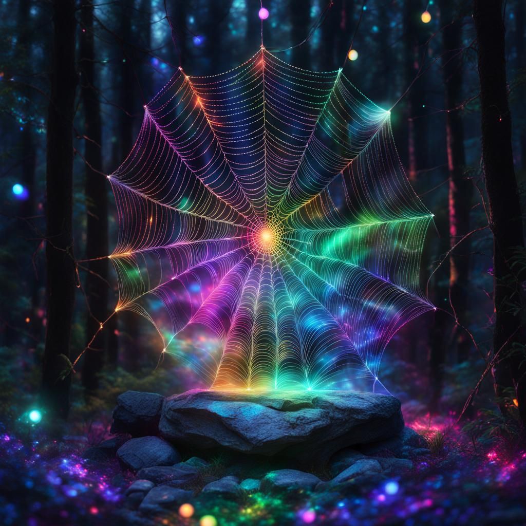 A magical+colorful+ holographic spiderweb, forest background with fairy lights  by @Mordor