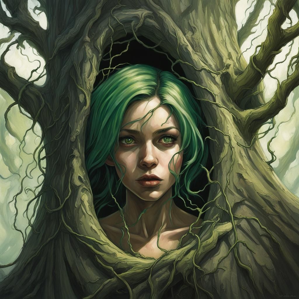 Girl, green hair, vines for skin, emerging from an opening in a giant ...