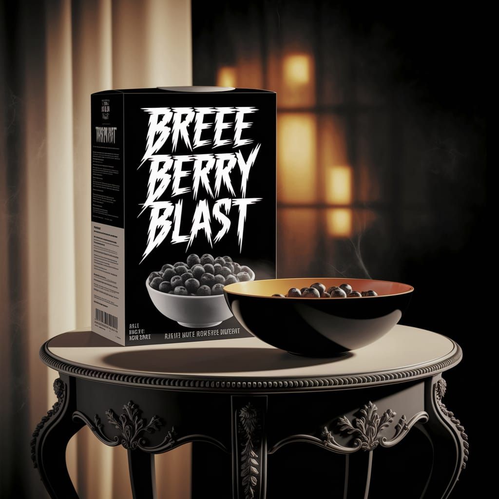 Gothic Cereal Box in Thrash Metal Font on Ornate Table