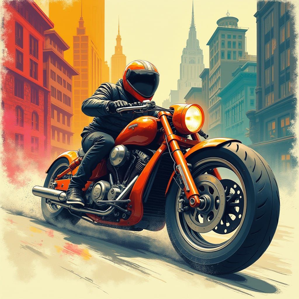 Futuristic Motorbike Speeds through Urban Canvas