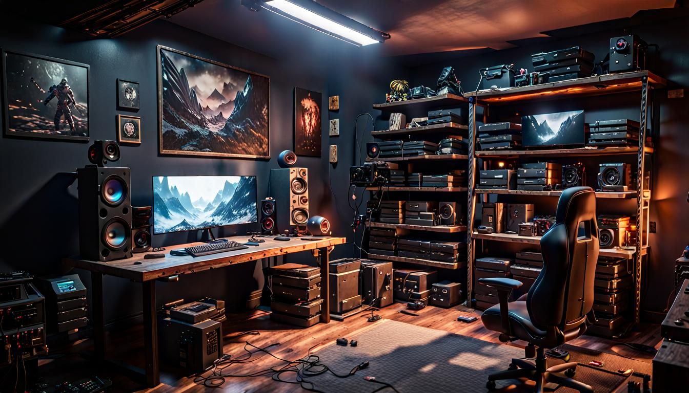 PC gamer's paradise setup in the old parent's basement, 3D Game Cinematic Feel, Epic 3D Videogame Graphics, ...  by @White Dragon