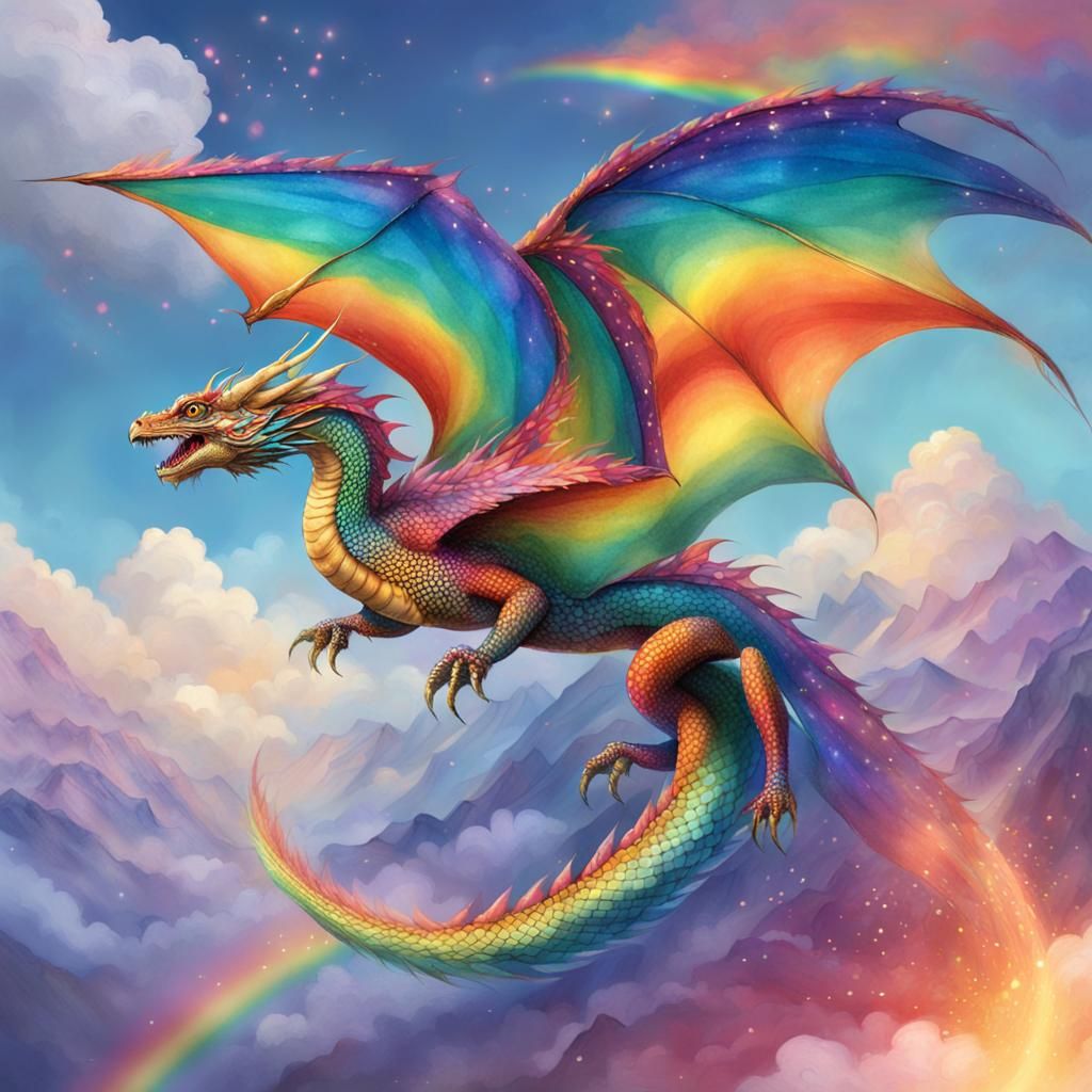rainbow dragon with bright iridescent scales flying through ...
