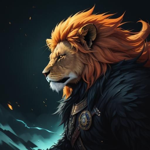 A fantasy card game illustration of an angry lion with glowi...