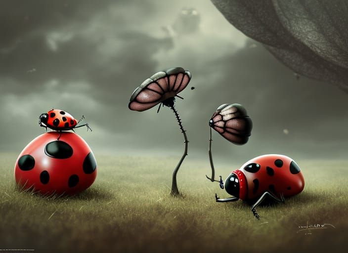 Girl toddler riding giant lady bug