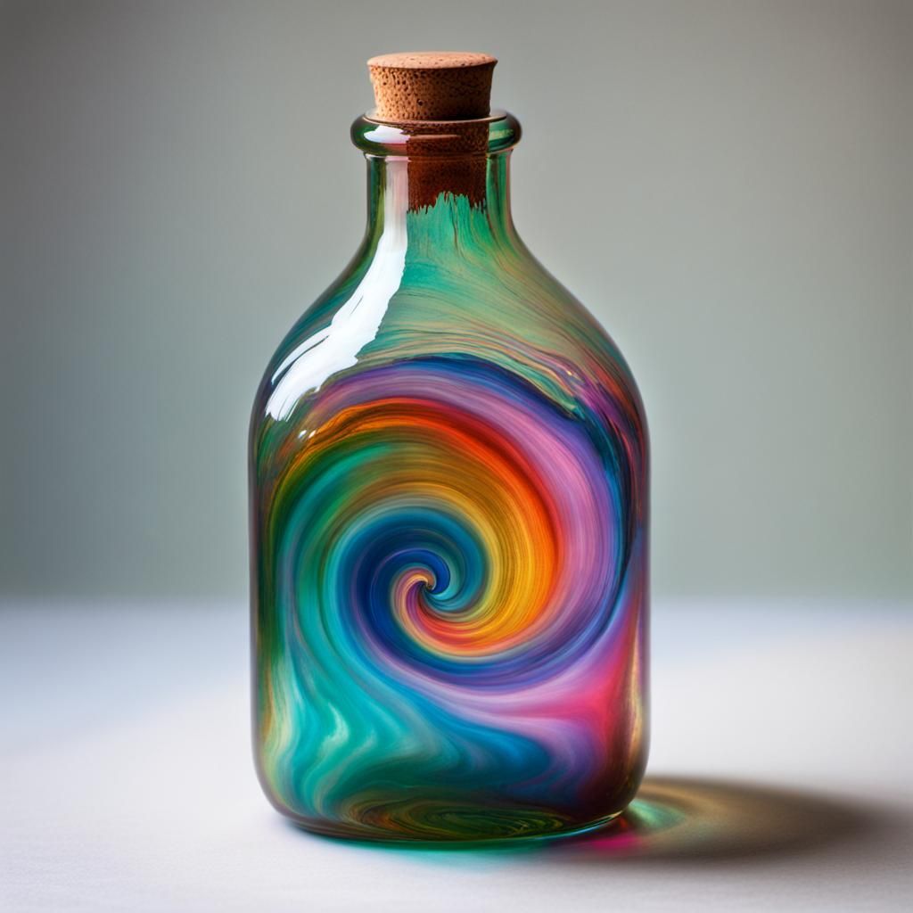 Shimmering swirl of colors in a vintage glass bottle