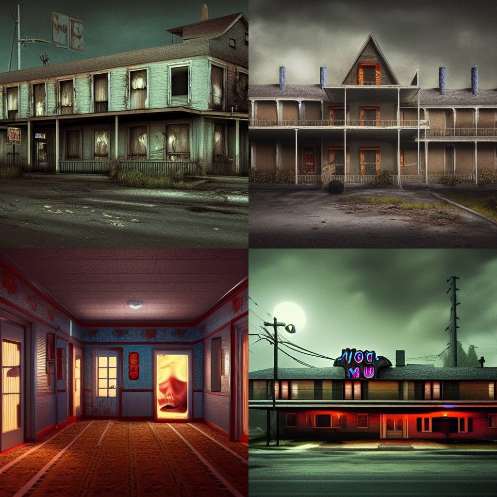 Creepy motel Incredibly detailed, maximalist matte painting....