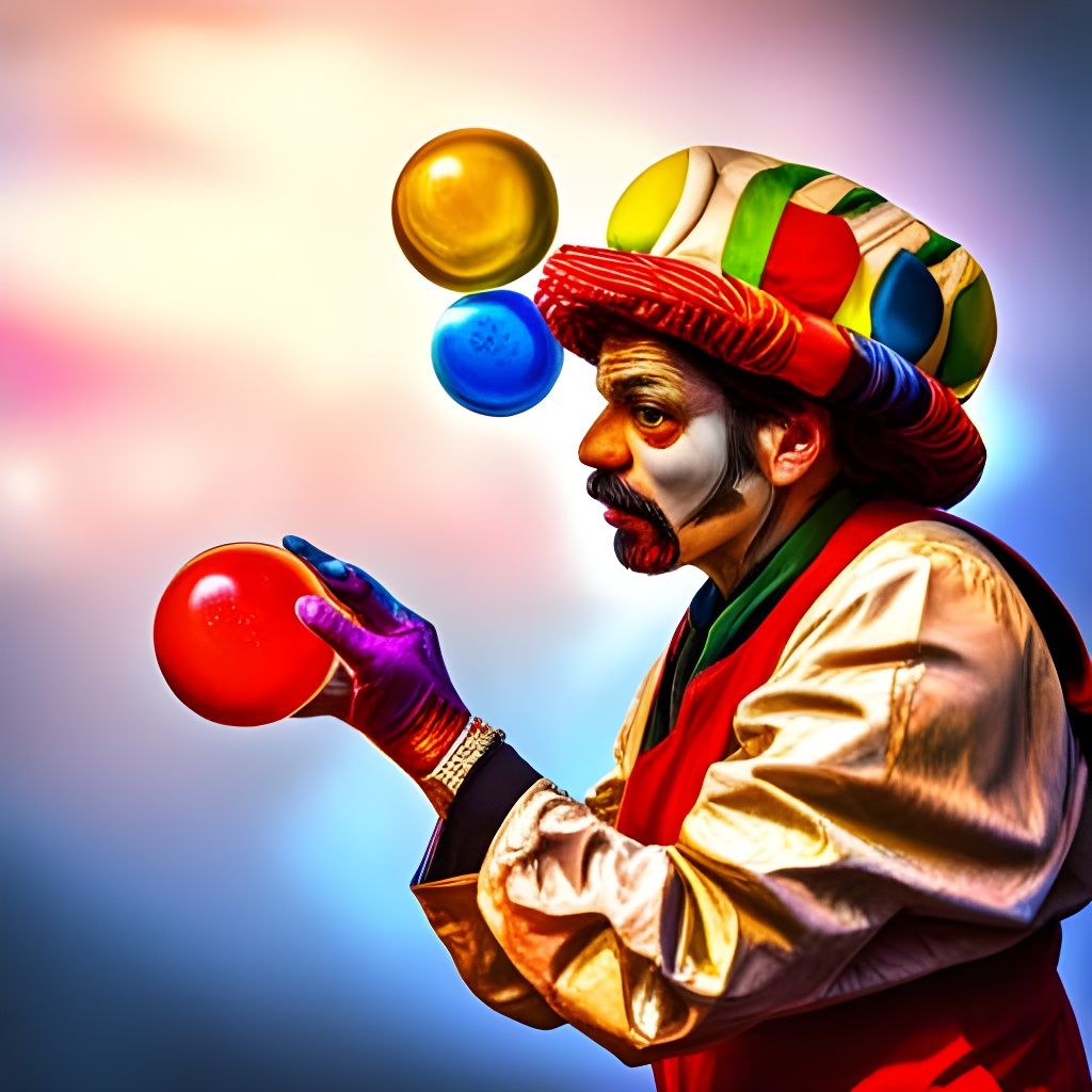 A vivid court jester juggling glass balls, colorful, busy AI
