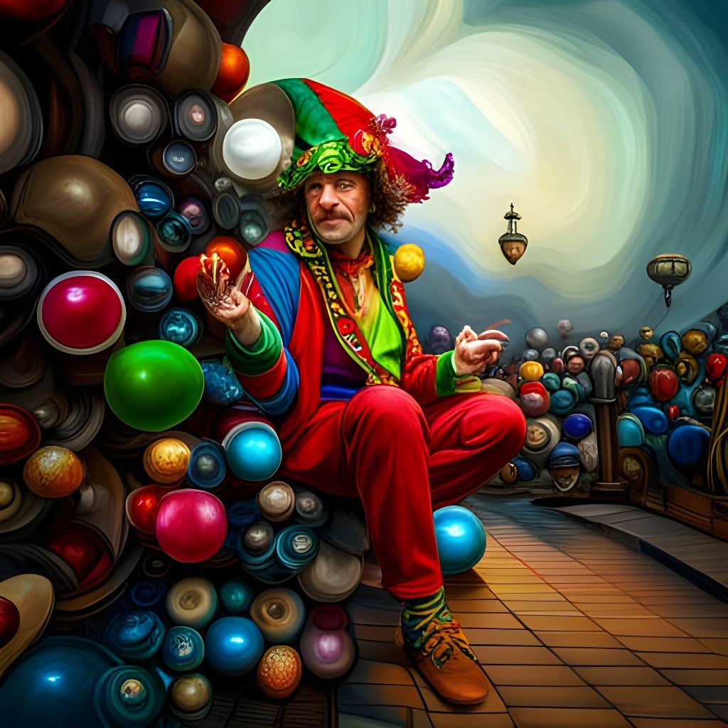 A vivid court jester juggling glass balls, colorful, busy AI