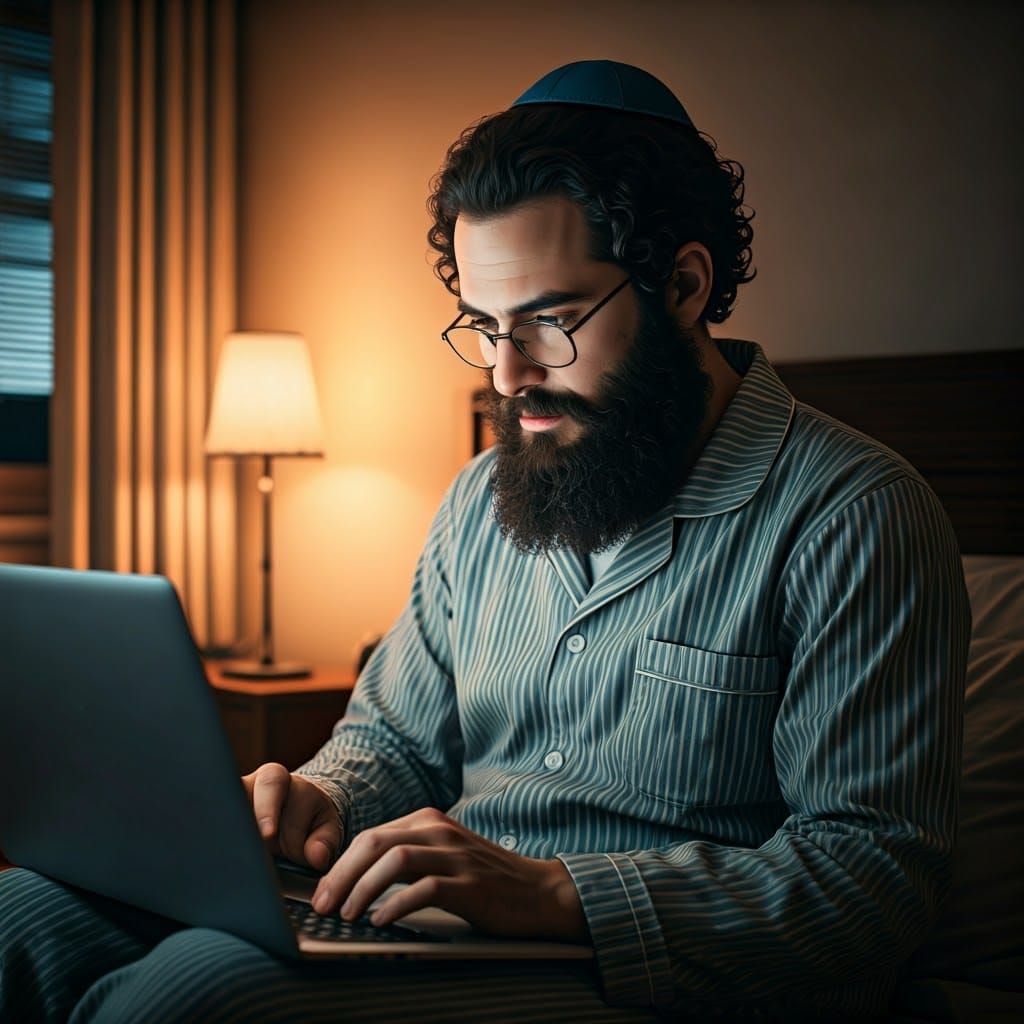 Jewish Man Focuses on Laptop in Serene Bedroom Scene