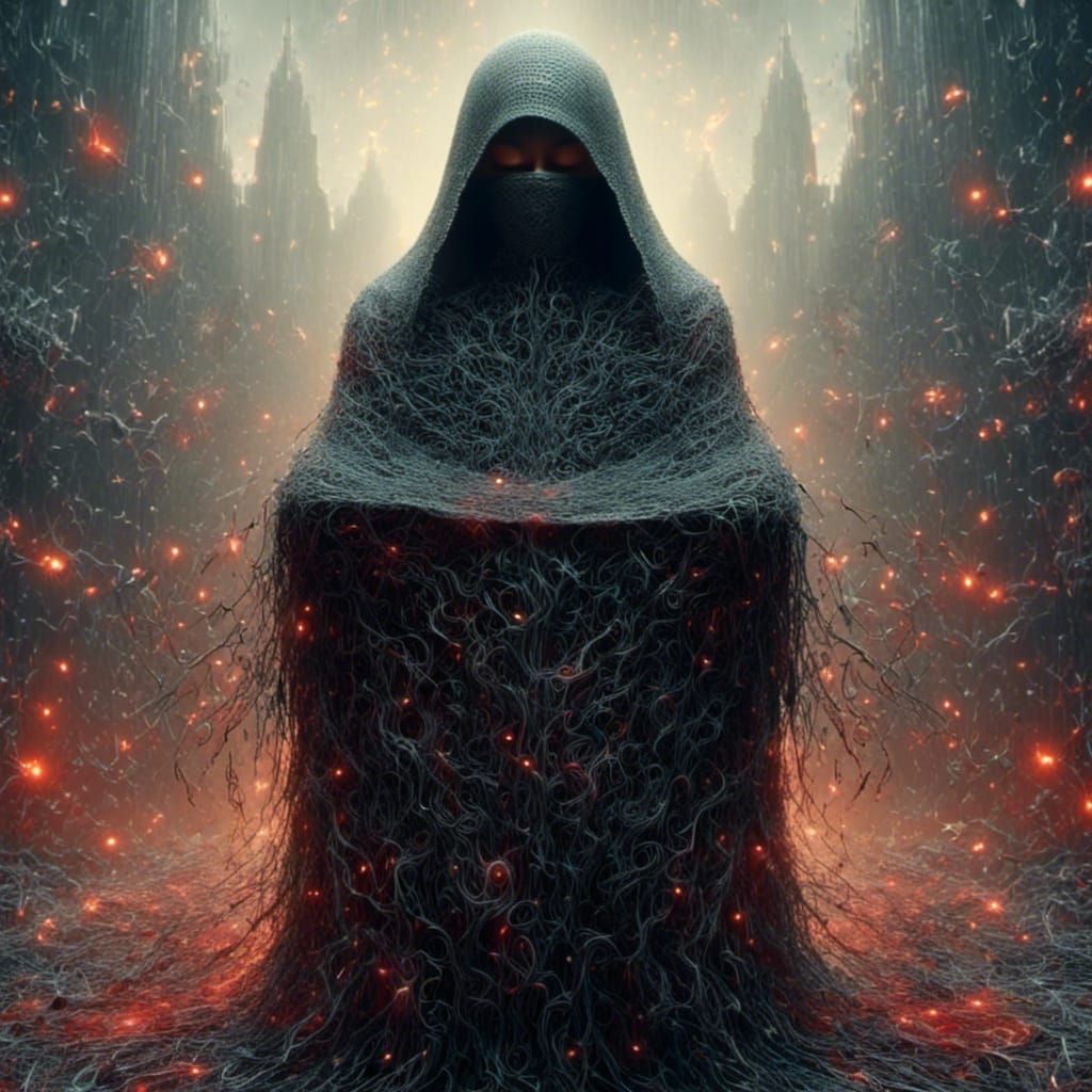 Cybernetic Burqa Girl Hero Landing in Cyberpunk Style