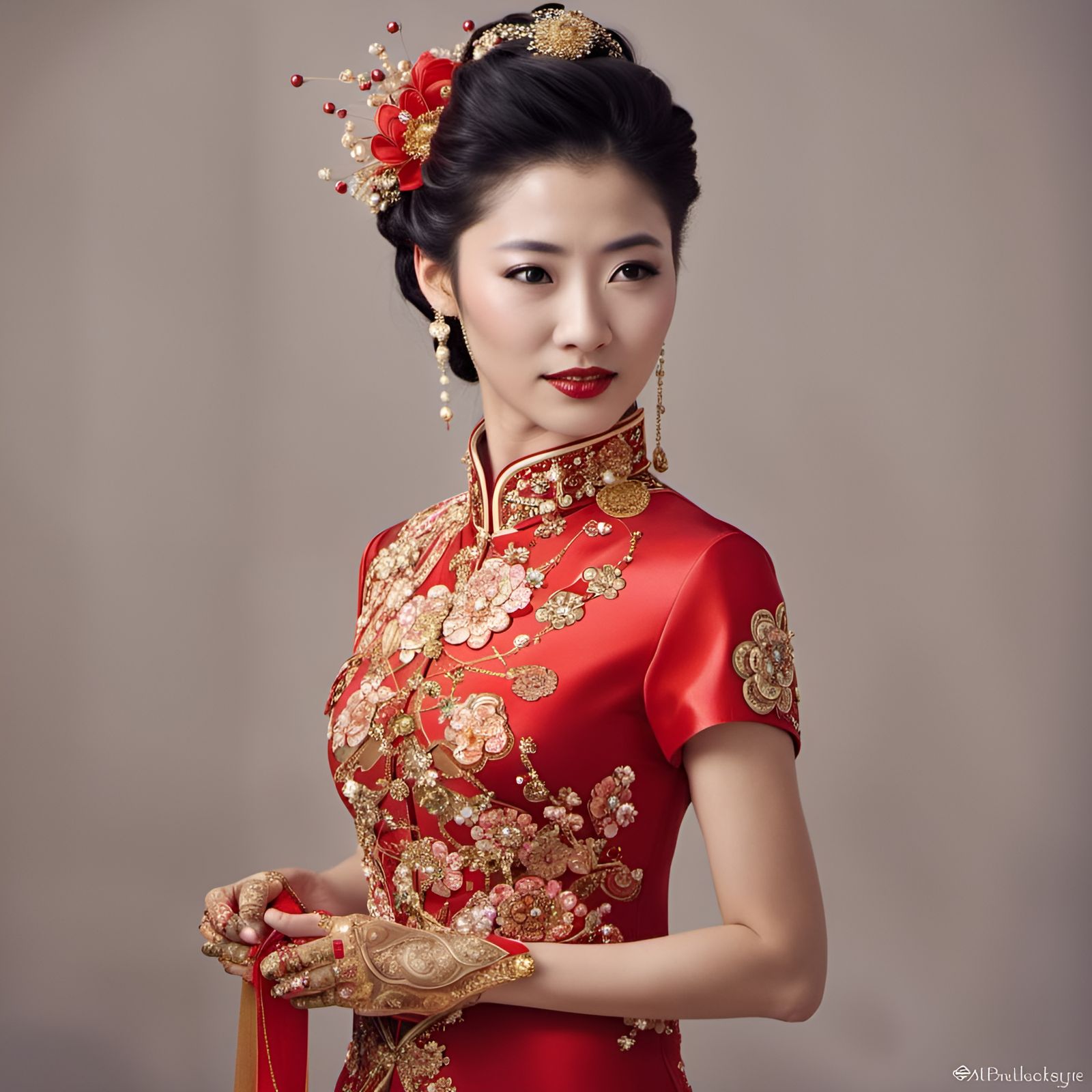 Chinese bride wearing red and golden bordered cheongsam and very much ...