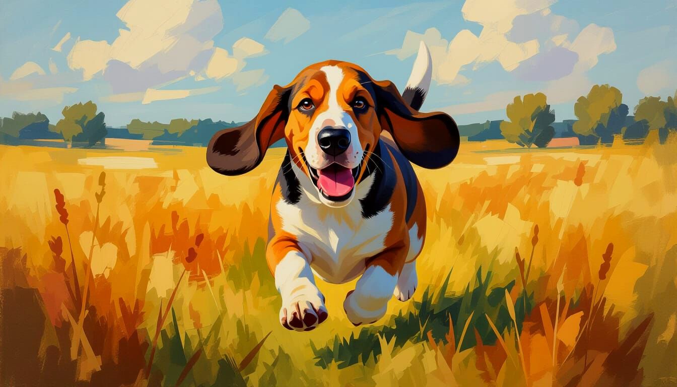 A Basset Hound with comically long ears and soulful eyes, depicted as running happily through a field. ...  by @The Carlyle