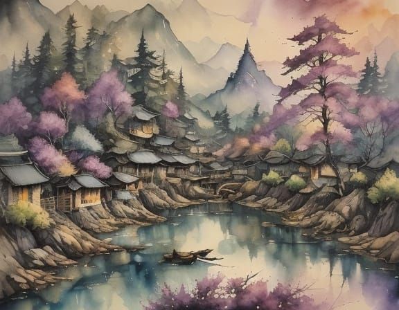 Whimsical Watercolor Waterfall Landscape with Butterflies